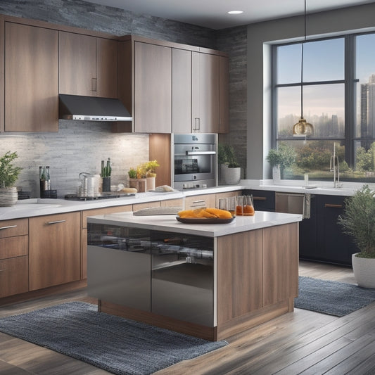 A modern, sleek kitchen with a large, wooden island, stainless steel appliances, and a MacBook on the counter, surrounded by blueprints and design sketches, with a subtle cityscape outside the window.