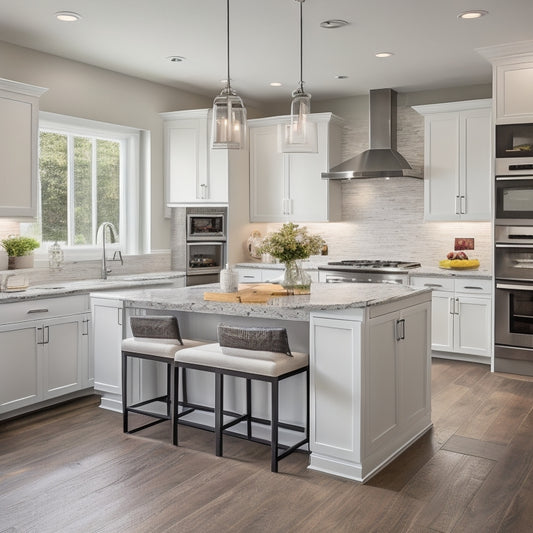 A bright, modern kitchen with a U-shaped layout, featuring sleek white cabinets, dark granite countertops, stainless steel appliances, and a large island with a built-in sink and breakfast bar.