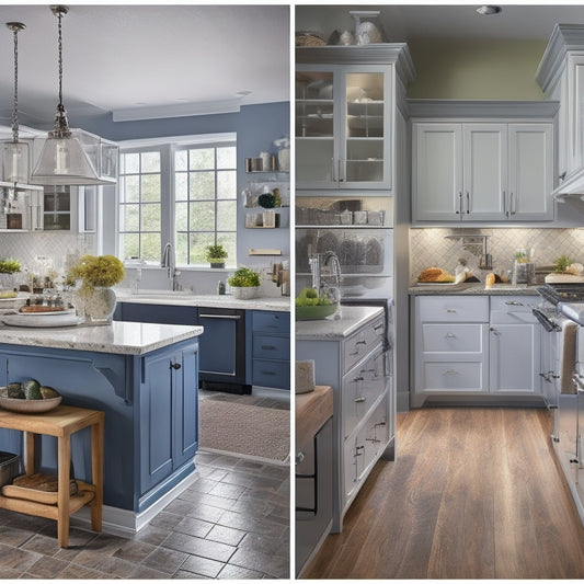 A split-screen image featuring a cluttered, DIY kitchen installation on the left, with tools scattered everywhere, and a sleek, professionally installed kitchen on the right, with gleaming countertops and organized cabinetry.