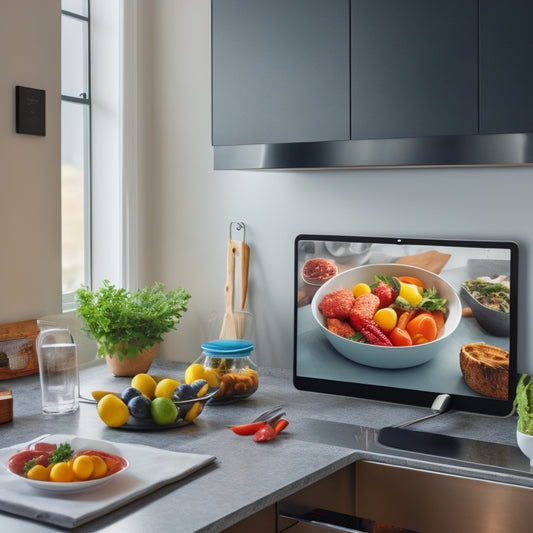 A modern kitchen with a sleek Android tablet mounted on the wall, displaying a kitchen app with a recipe, surrounded by utensils, ingredients, and a half-prepared meal on the counter.