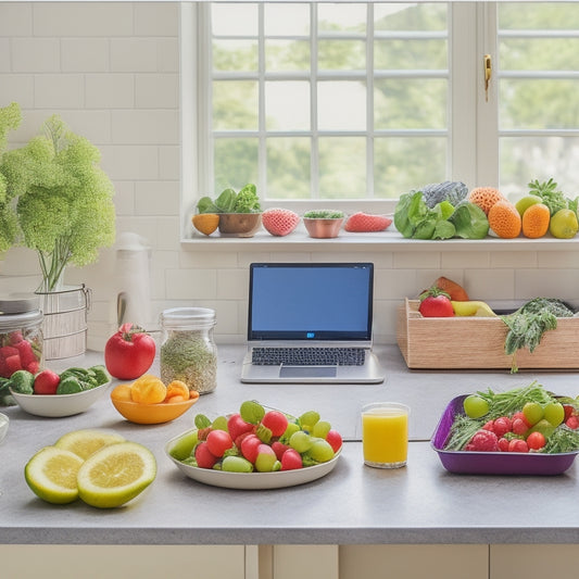 A clean and organized kitchen counter with a laptop, a planner, and a set of colorful containers filled with healthy meals, surrounded by fresh fruits and vegetables, with a subtle natural light background.