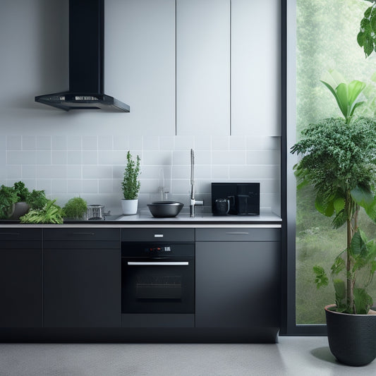 A sleek, modern digital kitchen with a minimalist aesthetic, featuring a large touchscreen display on a wall-mounted cabinet, surrounded by sparse, monochromatic decorative accents and a few strategically placed potted plants.