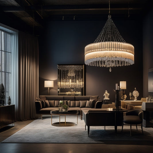 A luxurious, dimly lit showroom with sleek, modern fixtures, featuring a stunning chandelier with intricate metalwork and crystals suspended from a high, vaulted ceiling amidst minimalist decor.