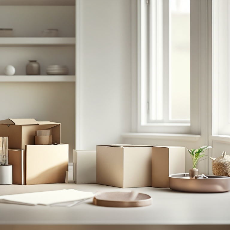 A tidy, minimalist illustration of a moving box with a few carefully placed essential items, surrounded by subtle hints of a decluttered room, with soft natural light and a calming color palette.