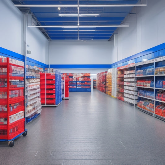 A bright and modern warehouse store interior with a red-and-blue color scheme, featuring shopping carts and shelves stocked with various products, and a prominent membership card display.