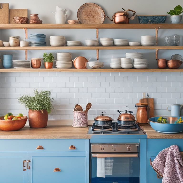 A bright, modern kitchen with crisp white walls, warm wood accents, and sleek countertops, featuring open shelves overflowing with colorful cookbooks, vintage ceramics, and gleaming copper pots.