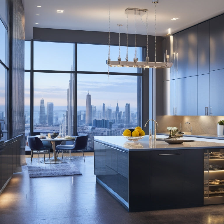 A sleek, modern kitchen with high-gloss cabinets, a massive island, and a stunning chandelier above, surrounded by floor-to-ceiling windows and a blurred cityscape outside.