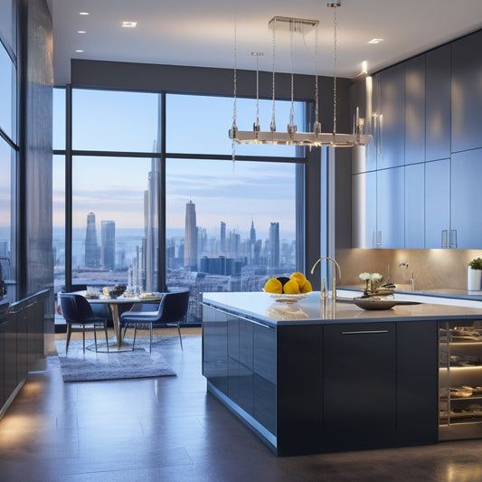 A sleek, modern kitchen with high-gloss cabinets, a massive island, and a stunning chandelier above, surrounded by floor-to-ceiling windows and a blurred cityscape outside.