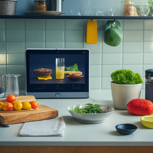 A tidy kitchen counter with a single, sleek tablet displaying a digital recipe book, surrounded by a few, neatly arranged kitchen utensils, and a minimalist kitchen background.