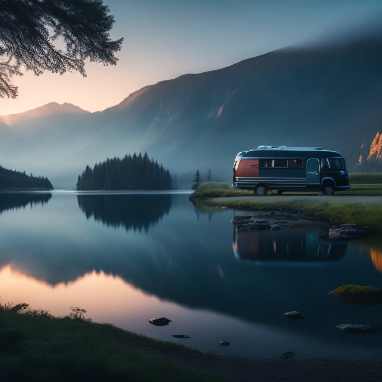 A serene mountain lake at dawn, with a sleek, matte-black campervan parked on the lakeshore, surrounded by lush greenery and a misty atmosphere, reflecting the vibrant colors of the sky.