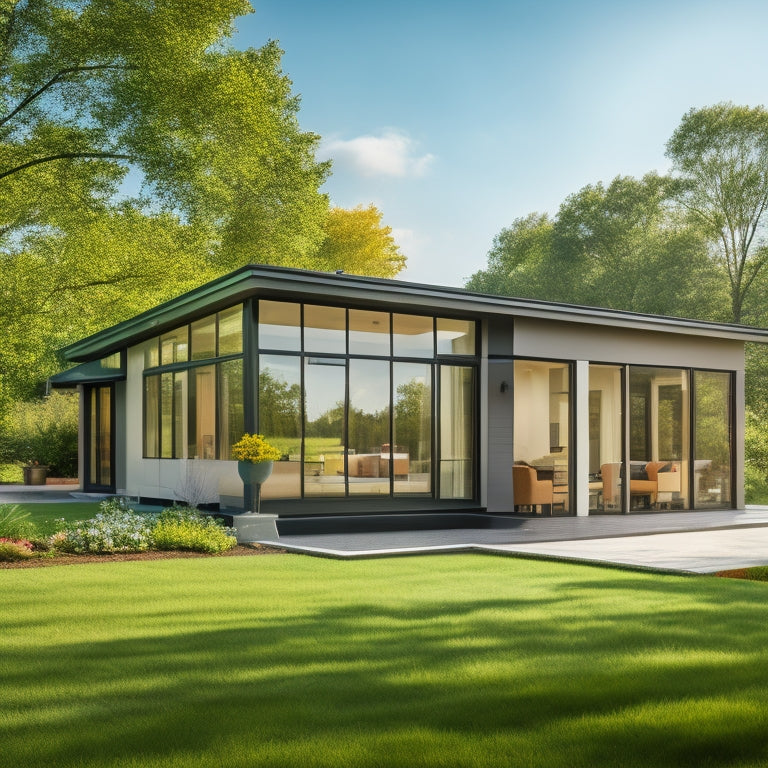 A serene, modern home exterior with a large porch, floor-to-ceiling windows, and a lush, green backyard, set against a warm, sunny sky with a few puffy white clouds.