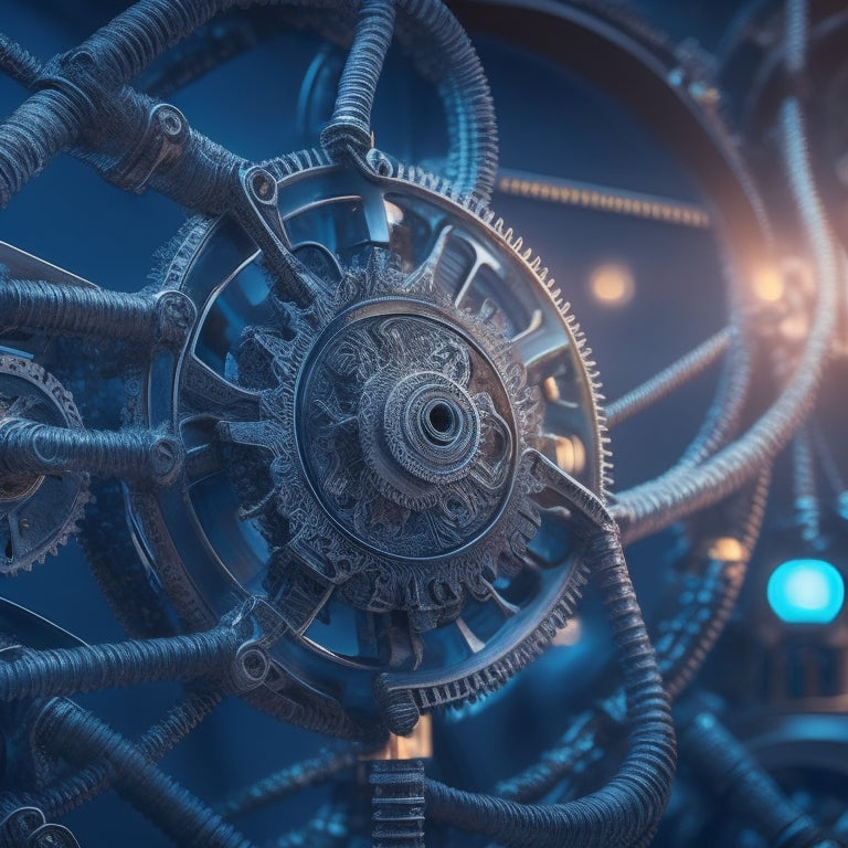 An intricate web of interconnected gears, pipes, and pulleys, set against a subtle world map background, with a faint blue glow, conveying complexity and global resource management.