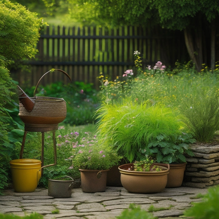 A serene garden scene with a wooden trellis, lush greenery, and vibrant flowers, featuring a rusty watering can, a woven basket, and a set of gardening tools laid out on a stone path.