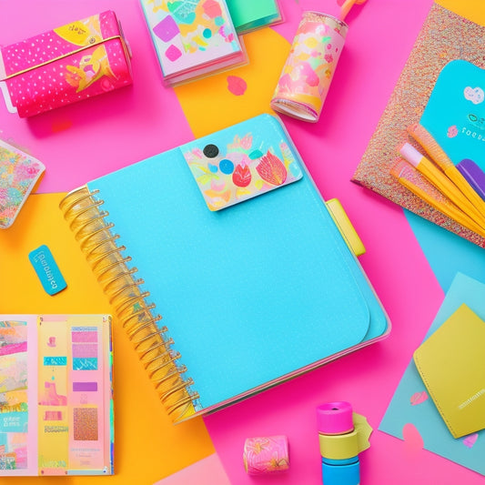 A vibrant and colorful flat lay of assorted Happy Planner planners, each with unique covers and colorful tabs, surrounded by scattered stickers, washi tape, and colorful pens on a pastel background.