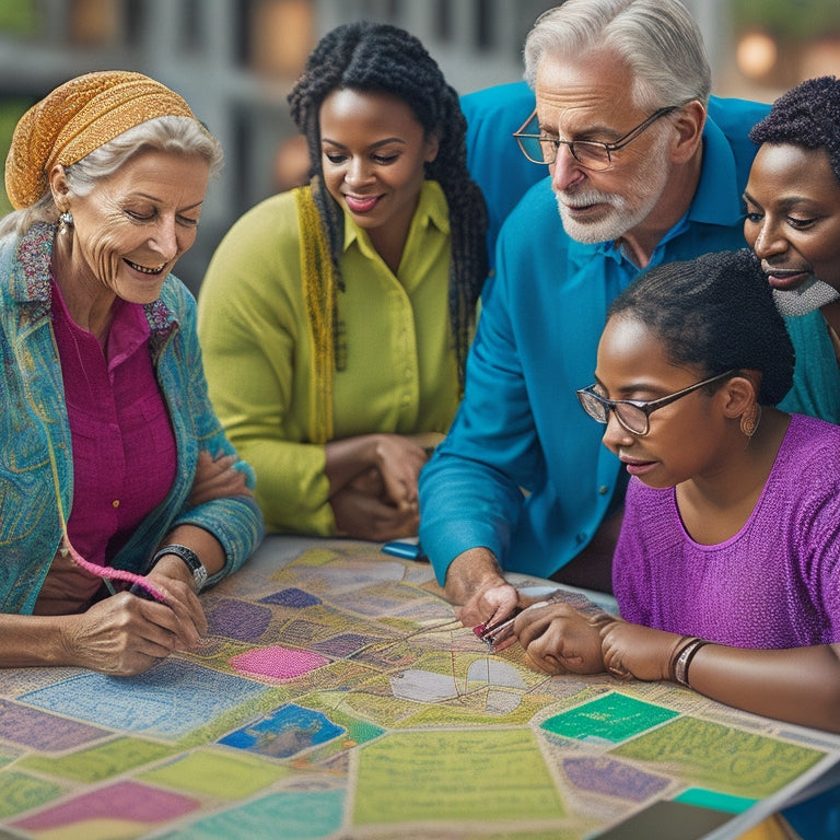 A vibrant illustration of diverse people from different age groups and ethnicities gathered around a large, unfolded map of a neighborhood, with colorful post-it notes and strings connecting various points of interest.