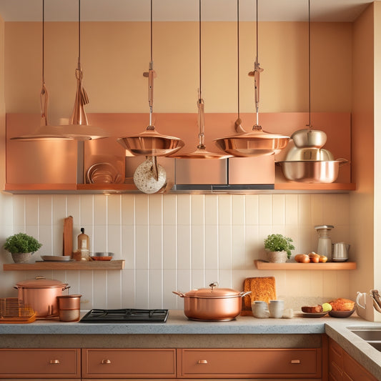 A well-lit kitchen with cream-colored cabinets, featuring a stainless steel pot rack suspended from the ceiling, holding four shiny copper pots and a few utensils, against a warm beige background.