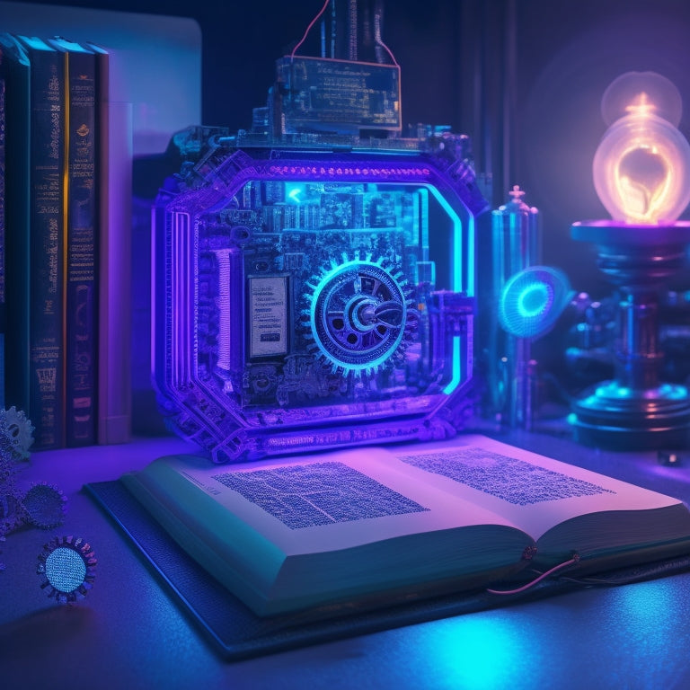 A futuristic, neon-lit e-book lies open on a sleek, silver desk, surrounded by gears, cogs, and puzzle pieces, with a subtle, glowing light emanating from its digital pages.