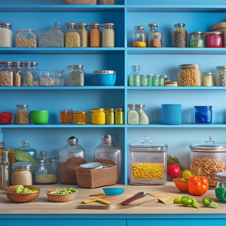 A colorful, organized kitchen countertop with a few open cabinets, featuring a mix of empty and filled jars, baskets, and containers, with a few sheets of paper and a pen nearby.