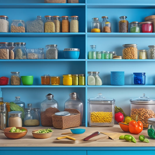 A colorful, organized kitchen countertop with a few open cabinets, featuring a mix of empty and filled jars, baskets, and containers, with a few sheets of paper and a pen nearby.