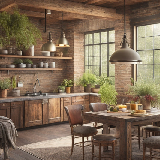 A warm and inviting kitchen scene with a large wooden island, vintage metal pendant lights, and a brick backsplash, surrounded by lush greenery and rustic wooden beams.