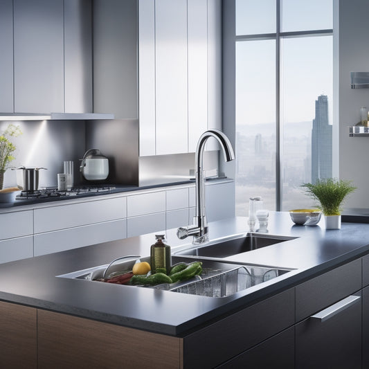 A sleek, modern kitchen with a large, premium stainless steel sink as the centerpiece, surrounded by high-gloss countertops, and a blurred background of kitchen utensils and appliances.