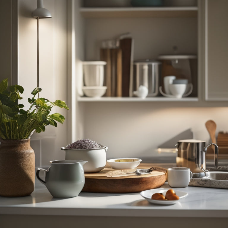 A serene kitchen with a few, carefully selected cookbooks on a minimalist shelf, a tidy utensil holder, and a sparkling clean countertop with a single, elegant coffee mug.