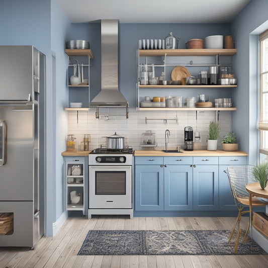 An illustration of a compact kitchen with a wall-mounted pot rack, a slide-out pantry, and a kitchen cart with a built-in utensil organizer, surrounded by sleek, modern appliances.