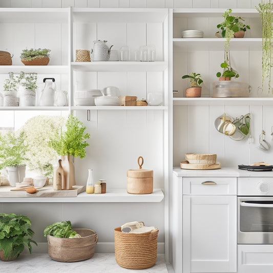 A bright, modern kitchen with a freshly painted white wall, featuring three wooden shelves in various sizes, adorned with decorative kitchenware, potted plants, and a few cookbooks, against a warm, natural light backdrop.