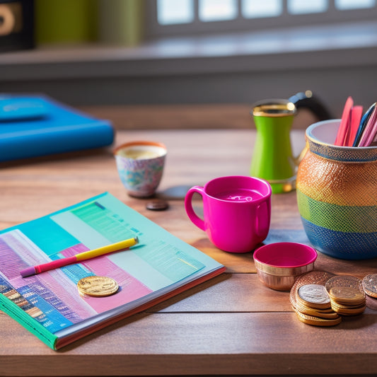 A vibrant, colorful planner lies open on a wooden desk, surrounded by scattered coins, a miniature piggy bank, and a few strategically placed coffee cups, with a blurred background of a cozy home office.