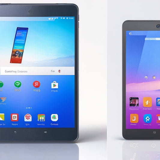 A split-screen image featuring an Amazon Fire tablet on the left with a locked Google Play Store icon, and the same tablet on the right with the Google Play Store icon unlocked and open, displaying a bright, colorful app grid.