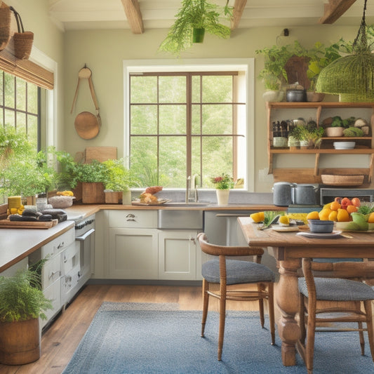 A bright and airy kitchen with a large wooden island at its center, surrounded by lush greenery, a few cookbooks, and a chalkboard with a partially filled meal planning calendar.