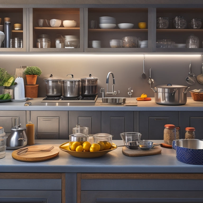 A warm, well-lit kitchen countertop with a few open drawers and cabinets, featuring a mix of stainless steel, wooden, and silicone utensils, cookware, and appliances in a tidy, organized arrangement.