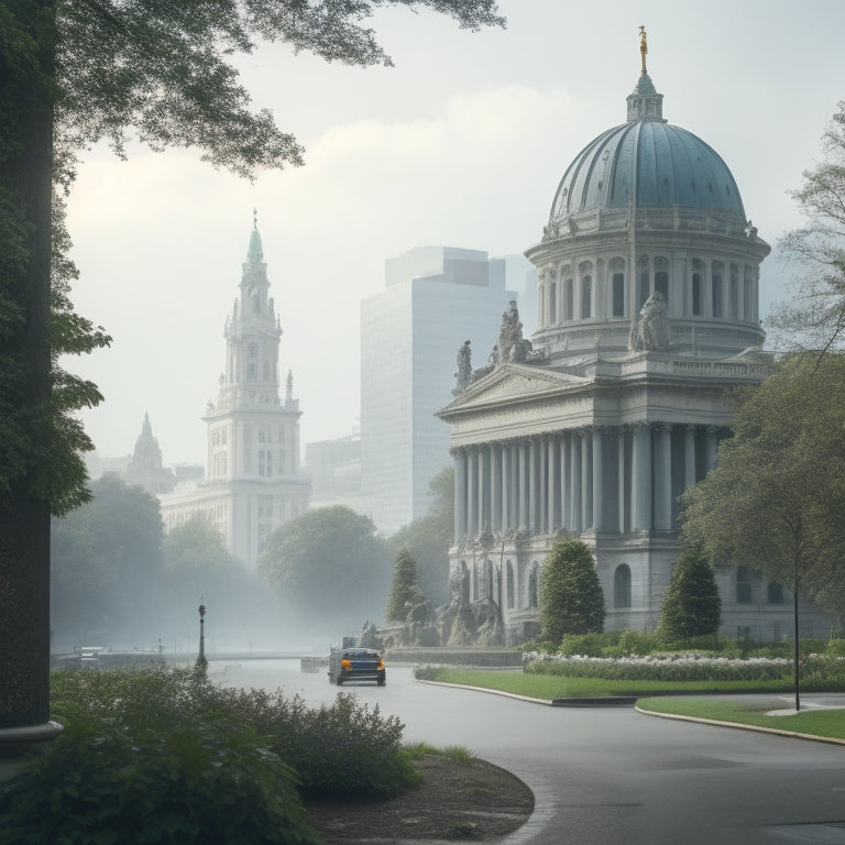 A serene urban landscape with a prominent city hall building, surrounded by lush greenery, with a subtle mist of blue tone, conveying a sense of cleanliness and freshness.