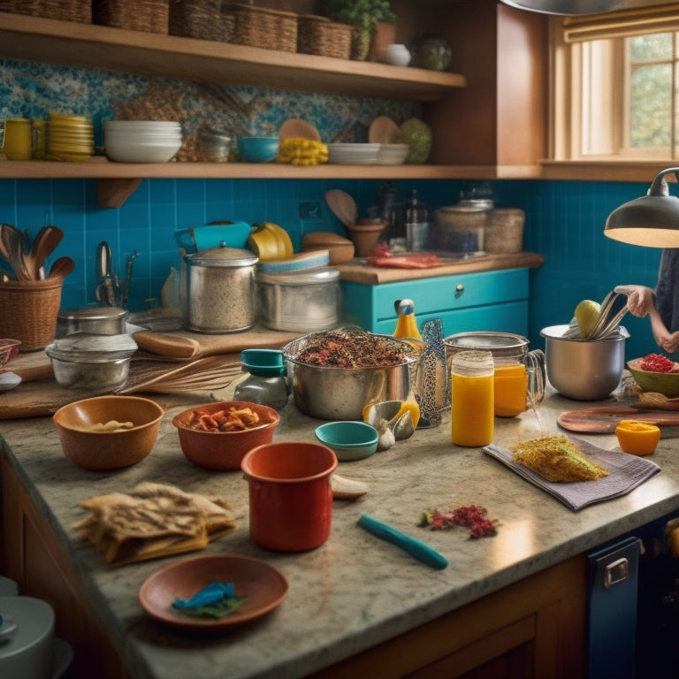 A chaotic kitchen scene with cluttered countertops, overflowing utensil drawers, and a messy sink area, featuring a frazzled cook in the background, surrounded by scattered cookbooks and recipe papers.