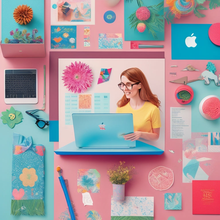 A colorful, whimsical illustration of a person surrounded by floating printables, such as art prints, planners, and stickers, with a subtle background of a laptop and Etsy's logo.