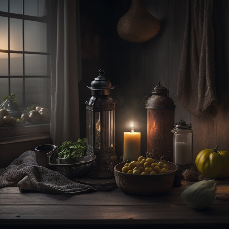 A dimly lit, rustic wooden table with a vintage lantern, surrounded by scattered organic produce, and a torn, earth-toned curtain with a faint, eerie glow in the background.