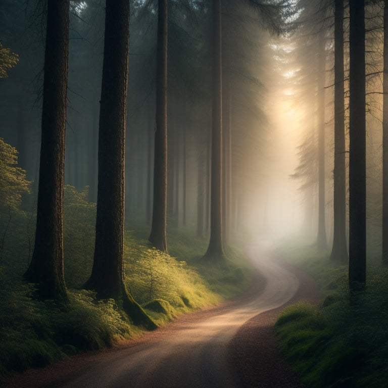 A serene, misty forest landscape at dawn, with a winding path leading to a faint, glowing light, surrounded by towering trees and lush greenery, evoking a sense of mystery and wonder.