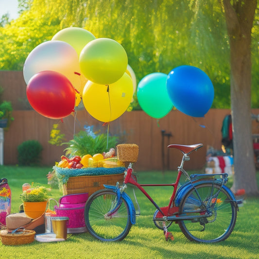 A sunny backyard scene with a bustling yard sale: vibrant balloons tied to a table, a vintage bicycle propped against a tree, and a colorful array of items on display.