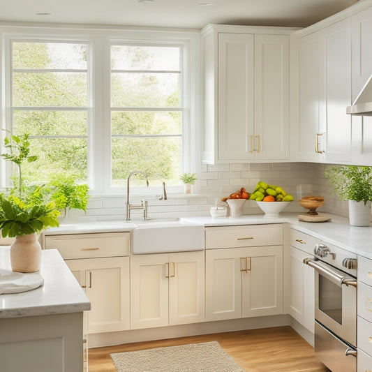 A bright, airy small kitchen with light-colored cabinetry, gleaming white countertops, and a large window allowing natural light to pour in, reflecting off polished chrome fixtures and a minimalist backsplash.