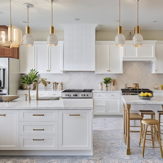 A bright, modern kitchen with cream-colored cabinets, quartz countertops, and a large island featuring a built-in cooktop, surrounded by sleek pendant lights and a stunning geometric-patterned backsplash.