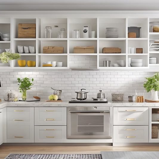 A bright, modern kitchen with sleek white cabinets, roll-out drawers, and adjustable shelves, showcasing a tidy arrangement of cookware, dinnerware, and utensils, with a few intentional gaps for a sense of breathability.