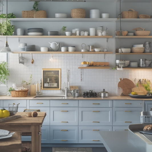 A bright, modern kitchen with a tidy island, surrounded by organized cabinets, utensils hung from a pegboard, and a few cookbooks stacked on a shelf, with a subtle warm lighting effect.