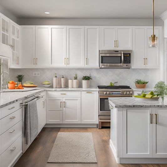 A bright, modern kitchen with sleek, white cabinets featuring soft-close drawers, pull-out shelves, and a built-in utensil organizer, surrounded by gleaming stainless steel appliances and a large, quartz-topped island.