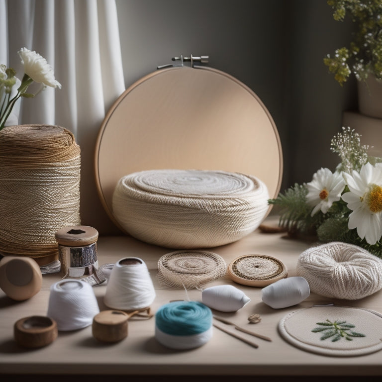 A serene, well-lit workspace with a wooden embroidery hoop, threaded with cream-colored yarn, surrounded by scattered threads, needles, and a few delicate, intricately embroidered flowers on a soft, white fabric.