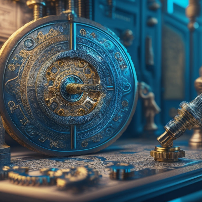 A stylized, modern illustration of a key unlocking a puzzle piece, surrounded by intricate gears and cogs, with a subtle background of layered maps and blueprints, symbolizing efficiency and control.