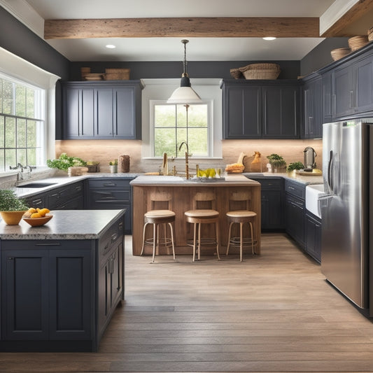 A modern kitchen with a large island, sleek cabinets, and a farmhouse sink, surrounded by multiple laptops and tablets displaying various kitchen design software interfaces.