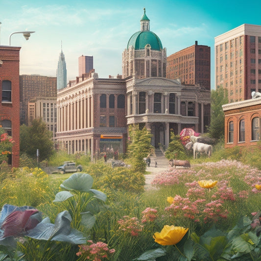 A vibrant illustration of a Detroit cityscape with crumbling buildings transforming into renovated homes, surrounded by diverse residents, construction equipment, and blooming greenery, conveying hope and renewal.