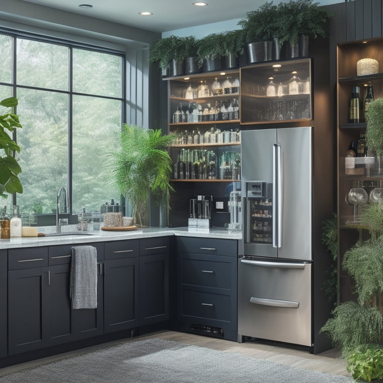 A sleek, modern beverage center with gleaming stainless steel appliances, a wine cooler, and a built-in coffee maker, surrounded by lush greenery and ambient lighting, with a few stylish glasses and bottles on display.