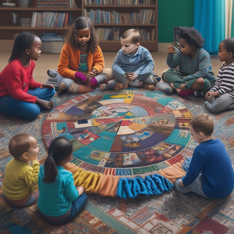 A colorful illustration of diverse children gathered around a large, circular table, interacting with puzzle pieces, sequencing cards, and storytelling props, surrounded by scattered books and a vibrant rug.