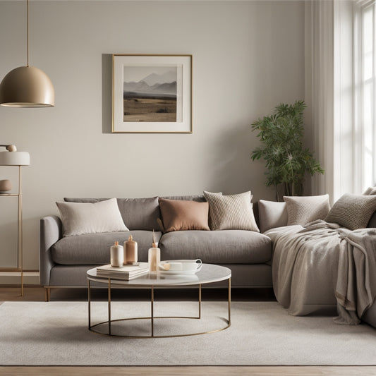 A serene, minimalist living room with a neutral-colored sofa, a coffee table with a few strategically placed bestsellers, and a floor lamp casting a warm glow, surrounded by a few carefully arranged decorative objects.